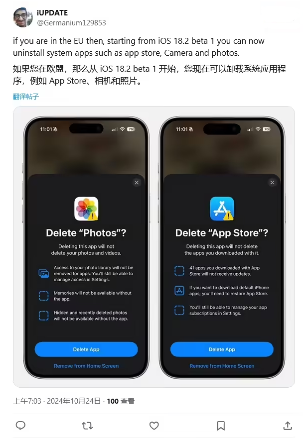 上甘岭苹果手机维修分享iOS 18.2 支持删除 App Store 应用商店 