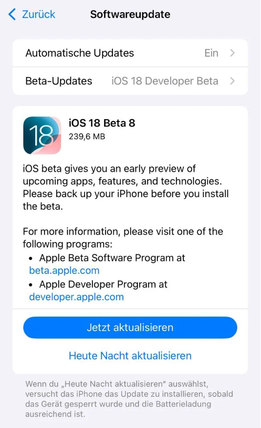 上甘岭苹果手机维修分享苹果 iOS / iPadOS 18 开发者预览版 Beta 8 发布 